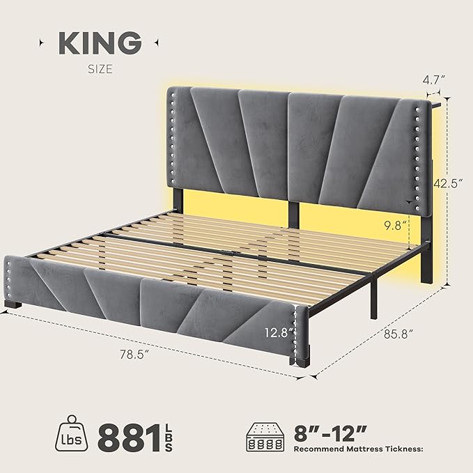EnHomee King Size Bed Frame, Velvet King Bed Frame and Headboard with Charging Station, Led Light, Platform Bed Frame for Bedroom, Apartment, Dorm, Noise-Free, Easy Assembly, Gray