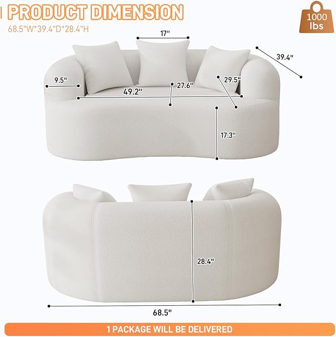 69" Curved Loveseat Sofa for Living Room, Modern Chenille Love Seat Cloud Couch, Luxury Plush Extra Deep Oversized Sofa for Small Spaces, Bedroom, Apartment‌, No Assembly Required, Cream White