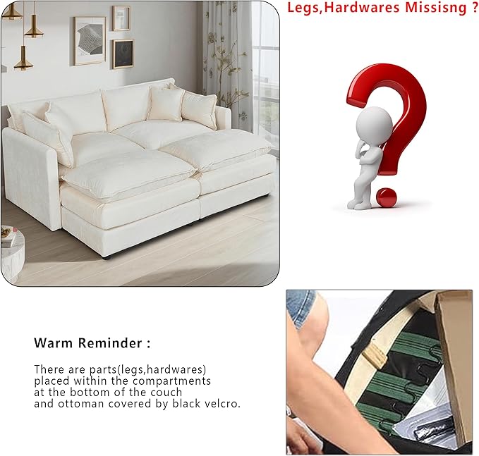 Setawix Deep Loveseat Couch with Ottomans,Large 2 Seater Lounger Cloud Couches for Living Room,77.16" Chenille Cloud Sofas with Deep Seat,Modular Sectional Sleeper Sofa for Bedroom (Beige, 2+2)