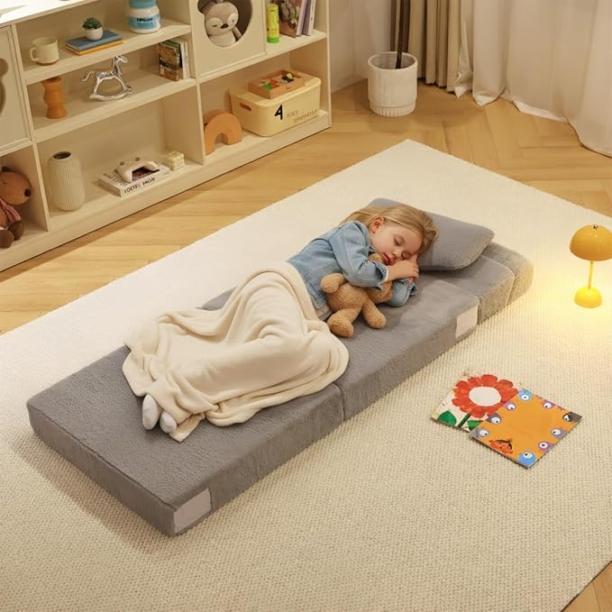 Tiita Convertible Folding Kids Sofa Bed with Pillow & Storage Bag, Plush Fabric Floor Mattress Couch Bed, Washable Cover, Kids Room, Playroom, Dorm, Apartment, White Grey