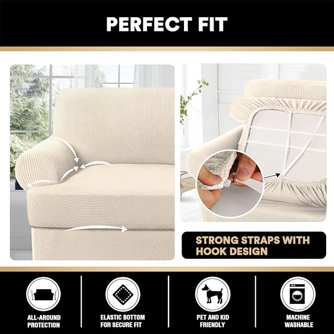 PrinceDeco T Cushion Sofa Slipcover 4 Pieces Sofa Covers for T Cushion Couch Soft Sofa Slip Covers Furniture Protector with 3 Individual T Shape Seat Covers (70"-88") Washable, Natural