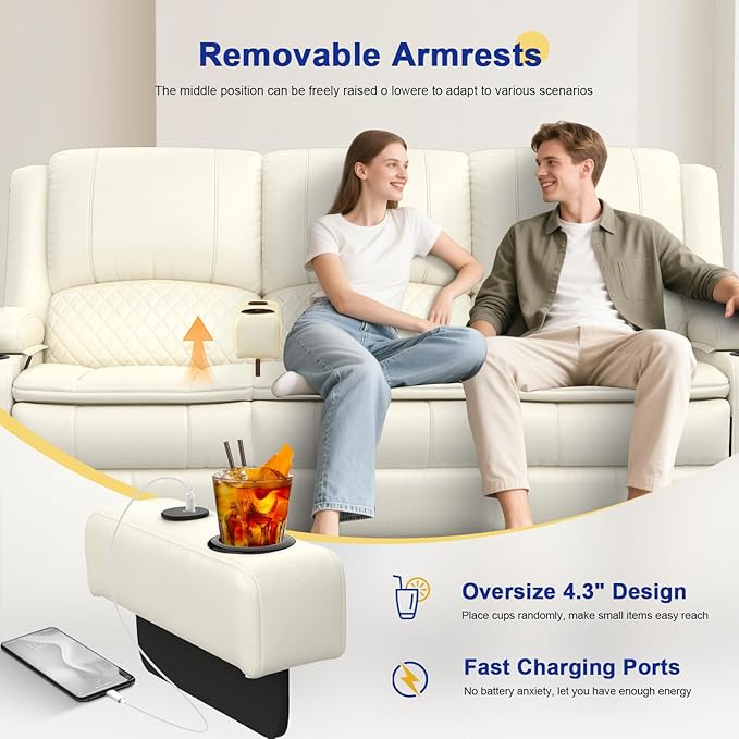 3+1 Manual Recliner Sofa, Maximum Load Capacity 1800lbs & Ergonomics Design, Multi-Functional Middle Seat & Home Theater Seating with Removable Armrest and Storage for RV Living Room(PU,White)
