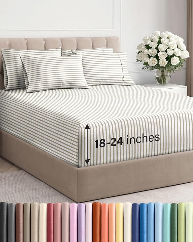 Extra Deep Cal King Sheet Set - 6 Piece Breathable and Cooling Sheets - Hotel Luxury Bedding for Women, Men, Kids & Teens - Easy Secure Fit - Soft & Wrinkle Free - Extra Deep Pockets - Beige Stripes