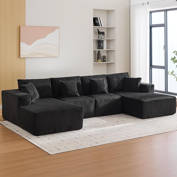 Sectional Cloud Boneless Couch 137" Modern Comfy U-Shaped No Assembly Required Convertible Compression Sleeper Modular Sofa with Corduroy Fabric Deep Seat Single + Chaise for Living Room