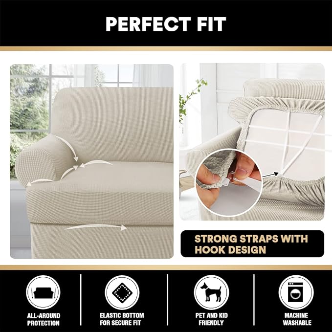 PrinceDeco T Cushion Loveseat Slipcover 3 Pieces Sofa Covers for T Cushion Sofa Stretch Slip Covers for 2 Cushion Couch with 2 Individual T Shape Seat Covers Width Up to 76", Island Fossi