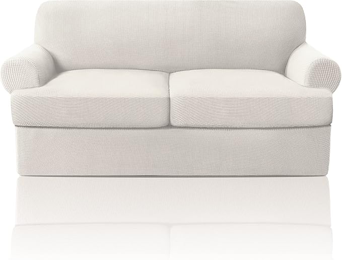 PrinceDeco T Cushion Loveseat Slipcover 3 Pieces Sofa Covers for T Cushion Sofa Stretch Slip Covers for 2 Cushion Couch with 2 Individual T Shape Seat Covers Width Up to 76"- Washable, Ivory