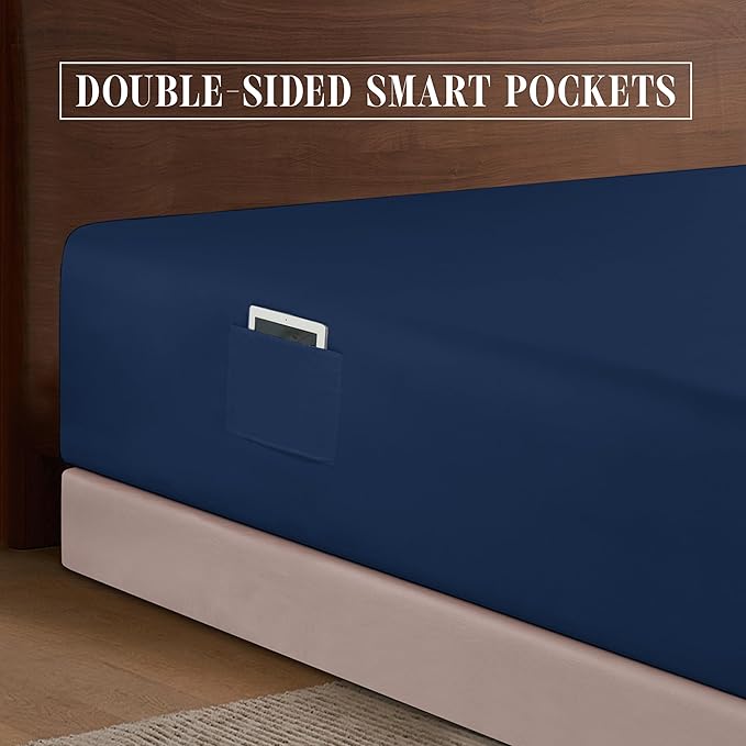 Elegant Comfort 1500 Premium Hotel Quality 18-24 Inches Deep - Extra Deep Pocket Single Fitted Sheet for High Mattress, Luxury and Softest, Smart Pocket - Wrinkle Free, Queen, Navy Blue