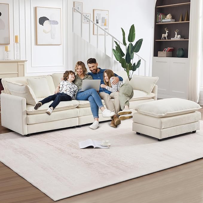 111.5" Modular Sectional Sofa, Large L Shaped Sectionals Cloud Couch, Big Comfy 3-Seat Couch with Ottoman, 4 Seater Chenille Sectional Sofa with Deep Seat and 5 Pillows for Living Room- Beige