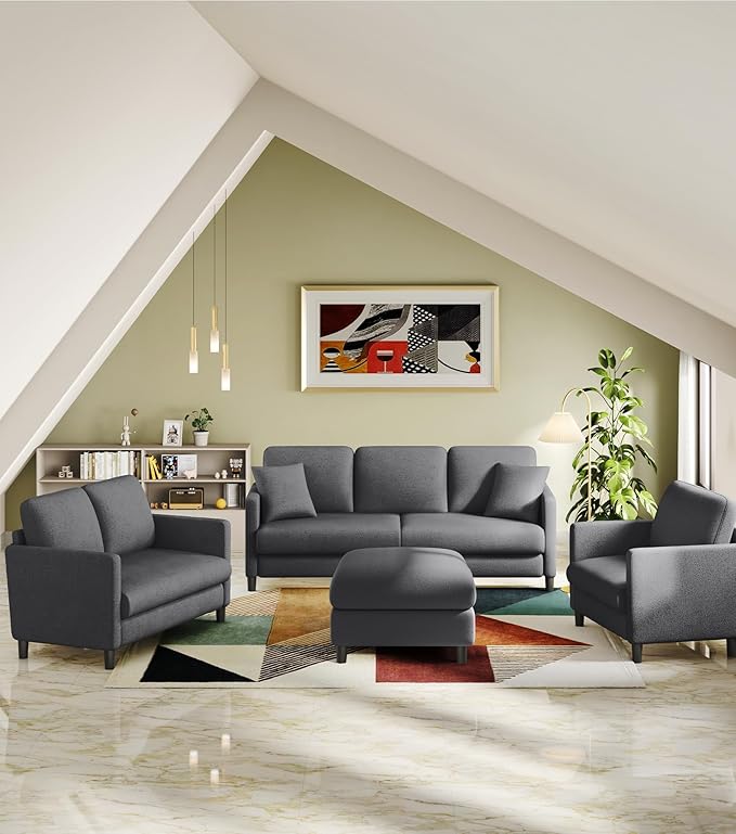 83" Couches for Living Room, Comfy Sofas for Living Room with Storage Ottomans, Teddy Sofa Couch, Tool-Free Loveseat Sofa, All-Wood Love Seat Couches, U Shaped Couch 2 Pillow Included, Grey