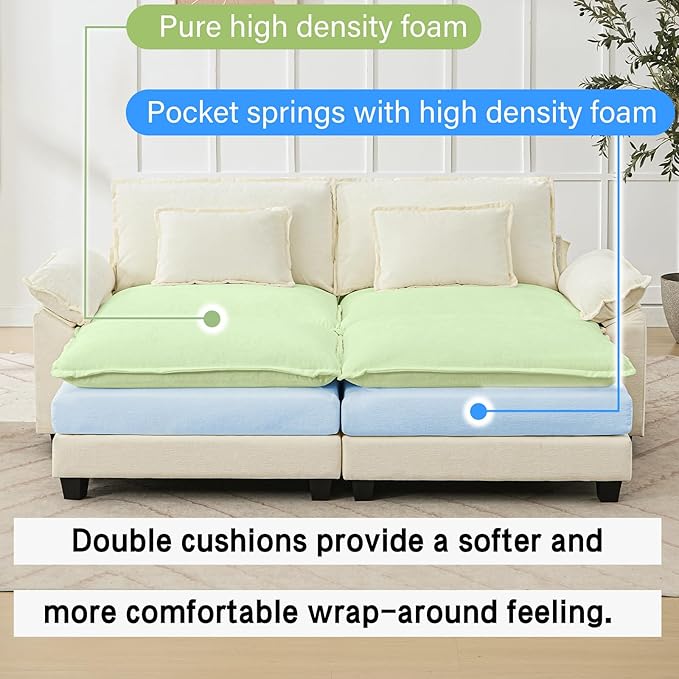 86" Modular Sectional Sofa, Comfy Cloud Couch Sectional Sofa with Ottoman, Chenille Sofa Sleeper Deep Seat Sofa with Throw Pillows for Living Room (Beige White)