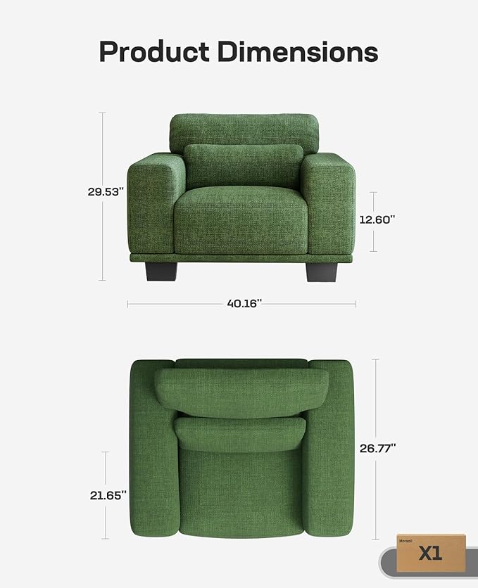 Marsail Single Seater Couch, 40 Inch Sofa with Wide Armrests & Deep Cushions, Modern Linen Fabric Sofas for Living Room, Comfy Upholstered Couch with Removable Washable Covers, Green