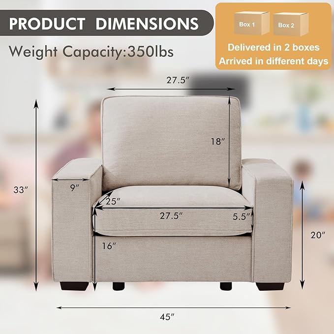 TEKAMON 45" Accent Chair with Seat Storage, Oversized Wide Single Sofa Chair, Modern Chenille Fabric Armchair for Living Room/Office with Wide Armrests, Side Pockets, USB Port, Washable Covers, Beige