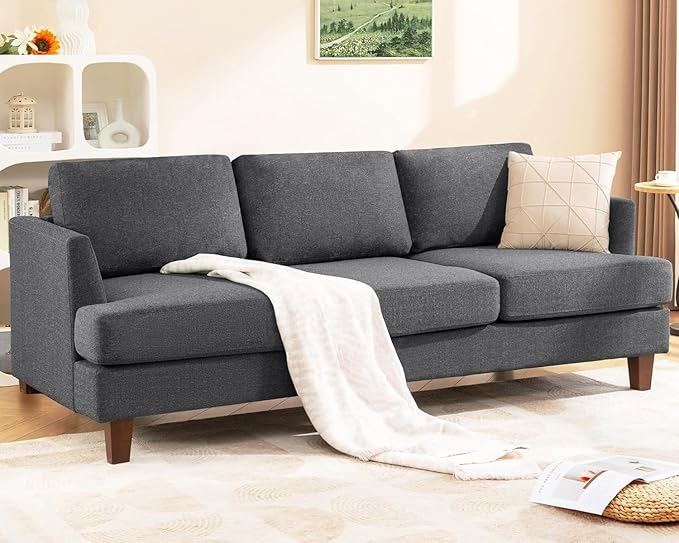 3 Seater Sofa Couch with Deep Seats, 89" Mid Century Modern Upholstered Sofa with Armrests, Comfy Couches for Living Room, Bedroom, Apartment and Office (Dark Grey)