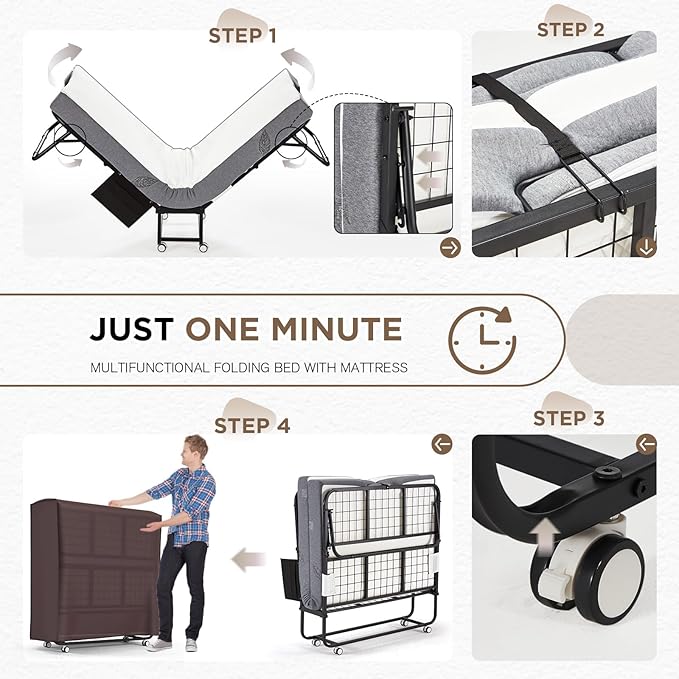 MELLCOM Large 75" x 46"Folding Bed with Mattress,Foldable Rollaway Bed with Mattress for Adults, 5 Inch Memory Foam Mattress,Portable Beds with Metal Frame&Side Pocket