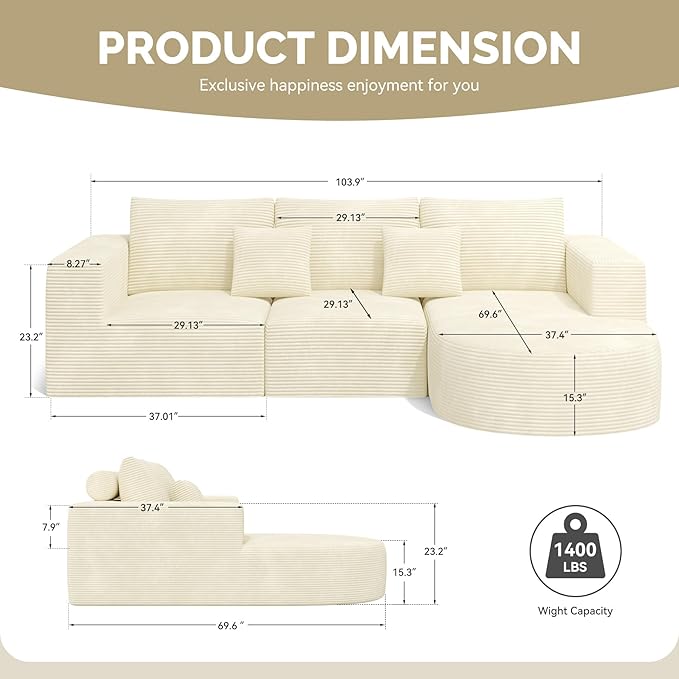 Boneless Couches for Living Room,Cloud Sectional Couch with L-Shape Chaise,Modern Modular Sofa with Deep Seat Upholstered Comfy Couches for Bedroom,No Assembly Required,1PCS