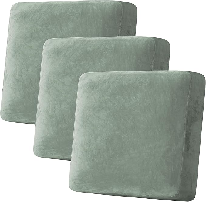 H.VERSAILTEX Velvet Stretch Couch Cushion Cover Plush Cushion Slipcover for Chair Loveseat Sofa Cushion Furniture Protector Seat Cushion Sofa Cover (3 Piece XL Sofa Cushion Covers, Sea Grass)