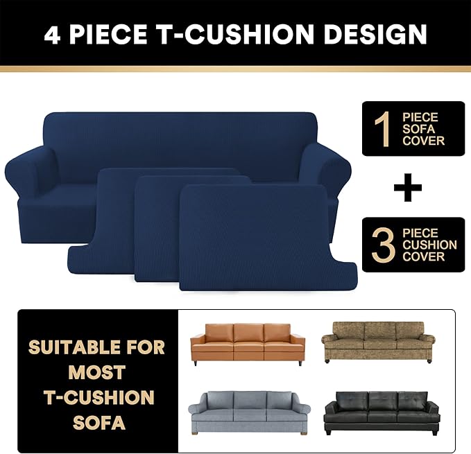 PrinceDeco T Cushion Sofa Slipcover 4 Pieces Sofa Covers for T Cushion Couch Soft Sofa Slip Covers Furniture Protector with 3 Individual T Shape Seat Covers Width Up to 88 Inch -Navy