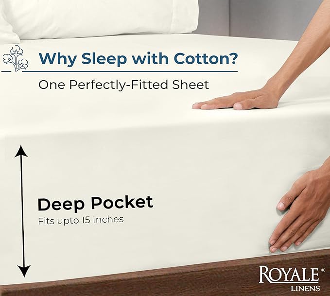 Royale Linens 100% Organic Cotton Fitted Sheet - Percale Weave - Super Soft Deep Pocket Bottom Sheets - Ivory Elastic Sheet Queen Size - Queen Fitted Sheets Only - (60"x80"+15", Ivory)