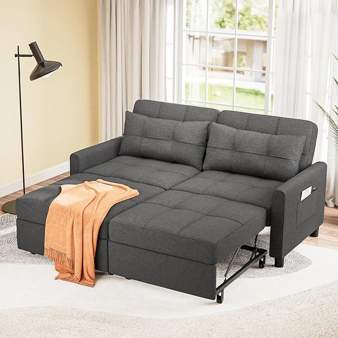 Aiho 58" Sleeper Sofa Bed, Pull-Out Couch with Adjustable Backrest and Side Pocket for Living Room (Dark Gray)