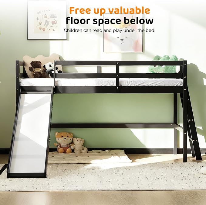 VINGLI 47 Inches Medium High Loft Bed with Slide, Space Saving Kids Low Loft Bed Twin Size with Guardrail and Flat Ladder, Pine Wood Bed Frame for Boys and Girls, Black