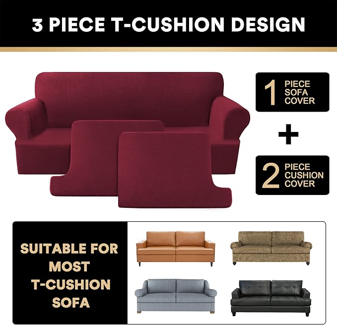PrinceDeco T Cushion Loveseat Slipcover - 3 Pieces Sofa Cover for 2 Cushion Couch with 2 Individual T Shape Seat Covers Width Up to 76 Inch - Stretch, Machine Washable, Burgundy
