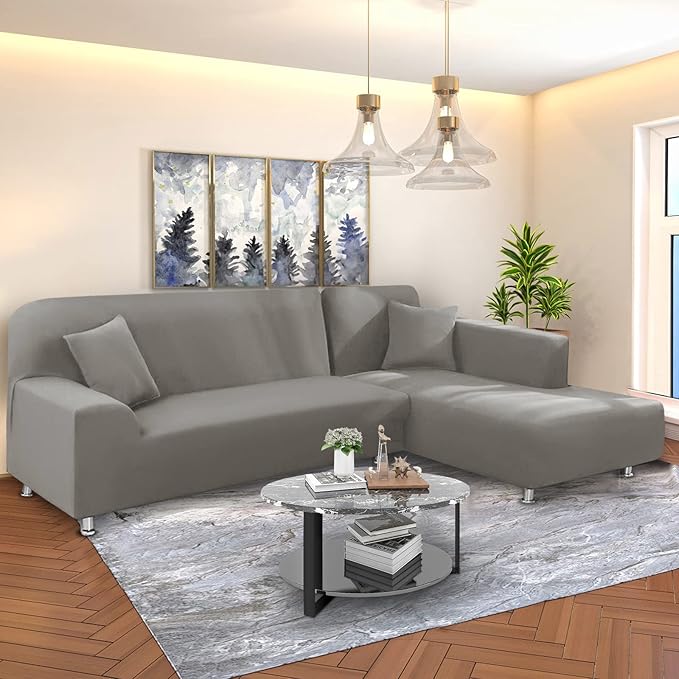 NAISI Couch Cover L Shape 2 Pieces Sofa Cover Soft Stretch Slipcovers with 2pcs Pillowcases Furniture Protector Sectional Couch Covers 3 Seater + 3 Seater(Silver Grey)