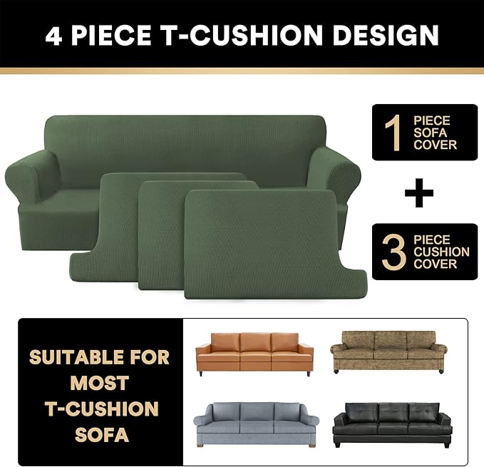 PrinceDeco T Cushion Sofa Slipcover 4 Pieces Sofa Covers for T Cushion Couch Soft Sofa Slip Covers Furniture Protector with 3 Individual T Shape Seat Covers(70"-88"), Bronze Green