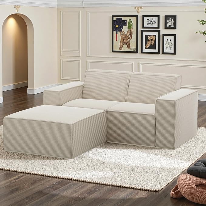 Cozy Castle 71" Loveseat Sofa, L Shaped Comfy Corduroy Boneless Couch with Deep Seat and Ottoman Chaise Cloud Sofa Upholstered Couches for Living Room Bedroom No Assembly Required (Beige)