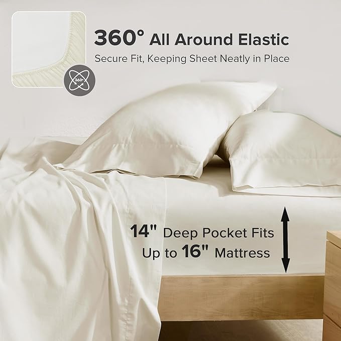 Comfort Spaces 100% Cotton Sheets Cal King, Breathable & Soft Cotton Sheets, Naturally Cool Cotton Bed Sheets with 14" Elastic Pocket Fits up to 16" Mattress, All Season Sheet Set, Ivory 4 Piece