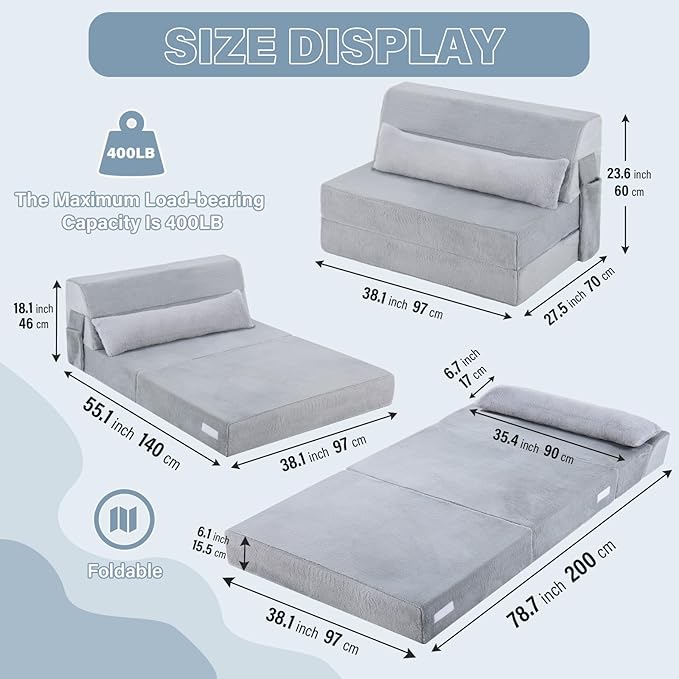Tiita Convertible Folding Sofa Bed Twin Size for Adults with Pillow, Plush Fabric Floor Mattress Couch Bed, Washable Cover & Side Pocket, Guest Room, Dorm, Apartment, Living Room, White Gray