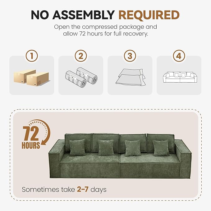 108'' Comfy Chenille Boneless Couch, Oversized Modular Sectional 4 Seater Sofa, Modern Deep Seat Corner Cloud Compressed Couch, No Assembly Sleeper Sofa with Chaise for Living Room, Green