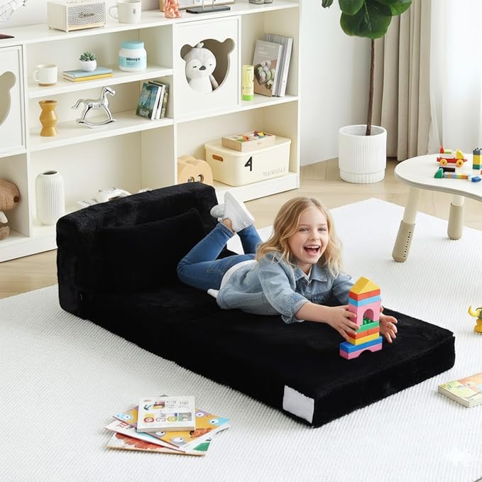 Tiita Convertible Folding Kids Sofa Bed with Pillow & Storage Bag, Plush Fabric Floor Mattress Couch Bed, Washable Cover, Kids Room, Playroom, Dorm, Apartment, Black