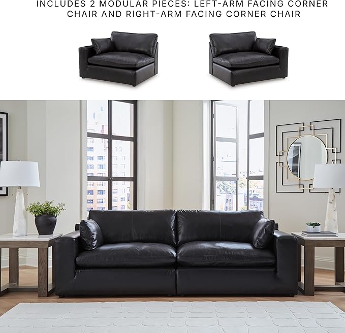 Signature Design by Ashley Emilia Straight Contemporary Leather Match 2-Piece Sectional Loveseat with Removable Cushion, Black