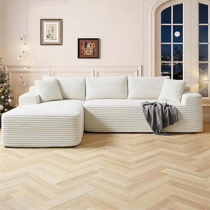 Cloud Sectional Couch,108" Modern Modular Sectional Sofa with Deep Seat,Corduroy Boneless Couches with L-Shape Chaise for Living Room,No Assembly Required (Beige, Left Facing Chaise)