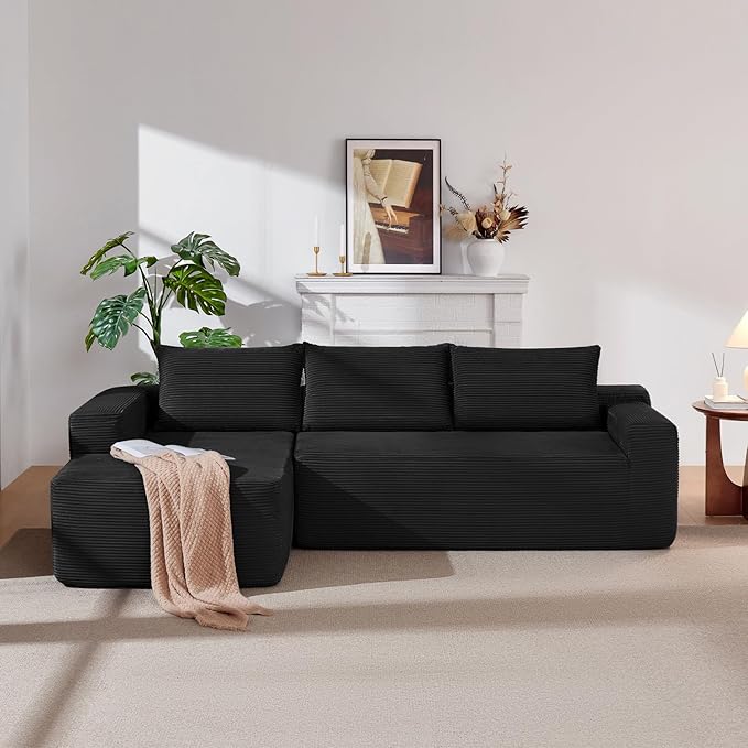 97" Cloud Sectional Couch,Modern Modular Sectional Sofa with Deep Seat,Corduroy Boneless Couches with L-Shape Chaise for Living Room Bedroom,No Assembly Required (Black, 97" Left Facing Chaise)