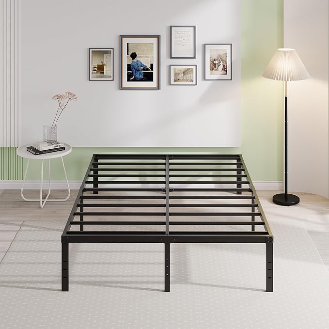 EMODA Queen Bed Frame No Box Spring Needed 18 Inch Heavy Duty Metal Tall Platform Bed Frame Queen Size with Large Storage Space, Easy Assembly, Black