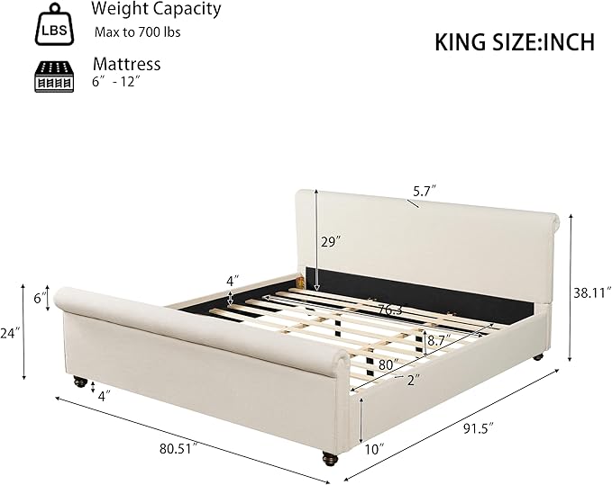 Christopher Knight Home Chenzi Linen Upholstered King Bed Frame and Headboard with Footboard, Wooden Platform King Size Bed Frame and Double-Layer Oval Legs, No Box Spring Needed, Beige
