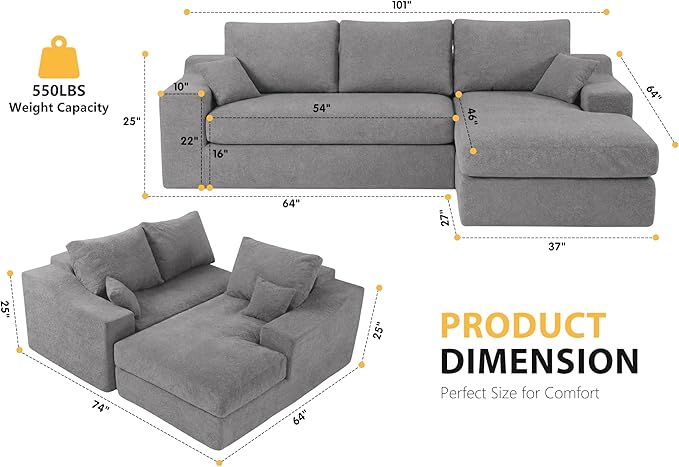HABUTWAY 101'' Modular Sectional Sofa, Cloud Sectional Couches for Living Room, Comfy Boneless Couch with Deep Seat, Modern L-Shape Sofa with Chaise, No Assembly Required (Grey, Right Facing Chaise)