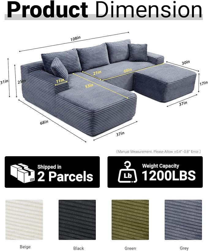 108" Cloud Sectional Couch,Modern Modular Sectional Sofa with Deep Seat,Corduroy Boneless Couches with L-Shape Chaise for Living Room,No Assembly Required (Grey, Left Facing Chaise + Ottoman)