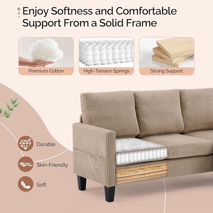 VINGLI 68.5' L Shaped Couch with Movable Storage Ottoman, Convertible Sectional Sofa in Soft Corduroy Fabric, Modern Reversible Chaise Couch for Small Spaces, Apartment, Living Room，Khaki