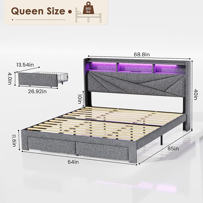 Driftalia Queen Bed Frame with 2-Tier Storage Headboard, Upholstered Bed Frame Queen Size with 2 Drawers, Charging Station and LED Lights, No Box Spring Needed, Easy Assembly - Light Grey