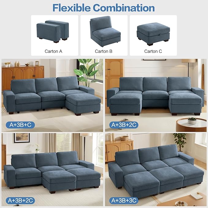 TEKAMON 100" Modular Sectional Sofa with Seats Storage, L Shaped Couch with Movable Ottoman for Living Room, Couch with Chaise, Solid Wood Frame, Spring Cushions, USB Port, Removable Covers, Blue