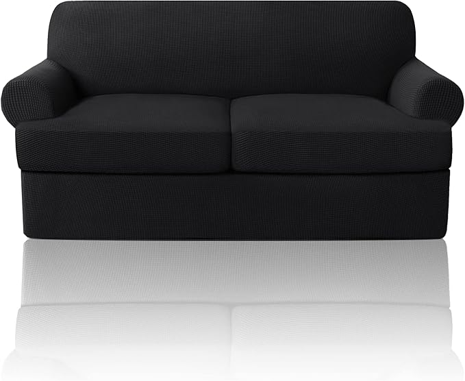PrinceDeco T Cushion Loveseat Slipcover 3 Pieces Sofa Covers for T Cushion Sofa Stretch Slip Covers for 2 Cushion Couch with 2 Individual T Shape Seat Covers Width Up to 72"- Washable, Black