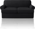 PrinceDeco T Cushion Loveseat Slipcover 3 Pieces Sofa Covers for T Cushion Sofa Stretch Slip Covers for 2 Cushion Couch with 2 Individual T Shape Seat Covers Width Up to 72"- Washable, Black