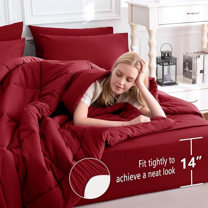 CozyLux Queen Comforter Set Dark Red, 7 Pieces Bed in a Bag, Red Comforters Queen Size, All Season Bedding Sets with Stitch Quilted Comforter, Flat Sheet, Fitted Sheet, Pillowcases