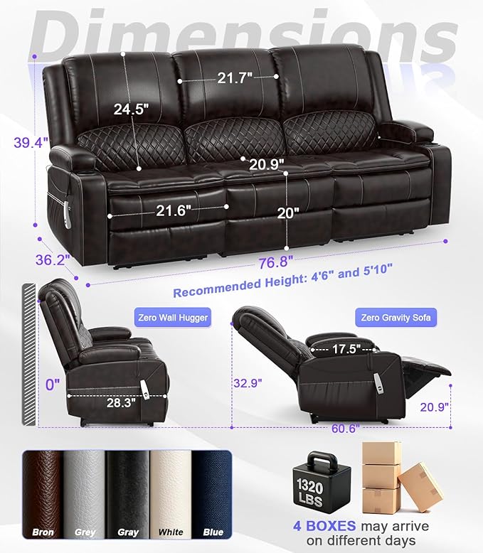 Power Loveseat Recliner Sofa, Removable Armrest 3 Seats Power Reclining Loveseat with Remote Liftable Console, Wall Hugger RV Theater Seating with Storage & USB & RGB (PU, Brown)