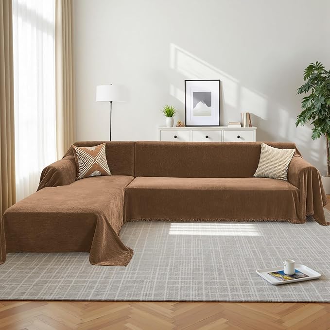 Sectional Couch Covers, 2 Pieces Chenille Sofa Cover L Shaped Couch Cover Blanket for Dogs Washable Sofa Slipcovers Pet Furniture Protector (XXX-Large: 71" x 118" + 91" x 134", Brown)