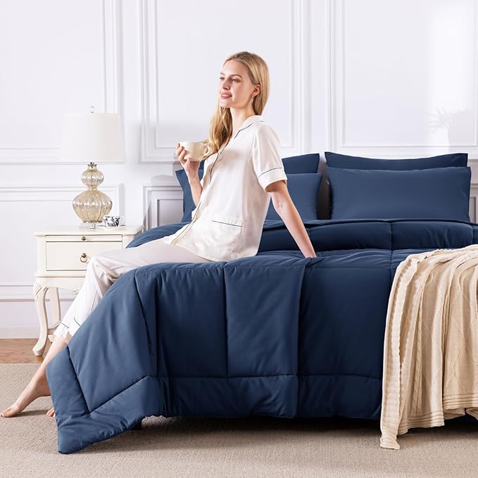 CozyLux Full Size Comforter Sets Navy Blue, 7 Pieces Bed in a Bag, Navy Comforter Full Size, All Season Bedding Sets with Stitch Quilted Comforter, Flat Sheet, Fitted Sheet, Pillowcases