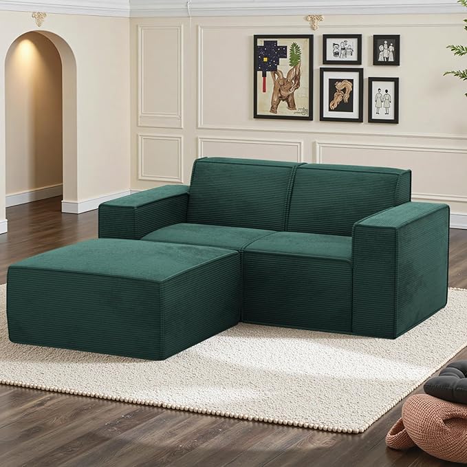 Cozy Castle 71" Loveseat Sofa, L Shaped Comfy Corduroy Boneless Couch with Deep Seat and Ottoman Chaise Cloud Sofa Upholstered Couches for Living Room Bedroom No Assembly Required (Green)