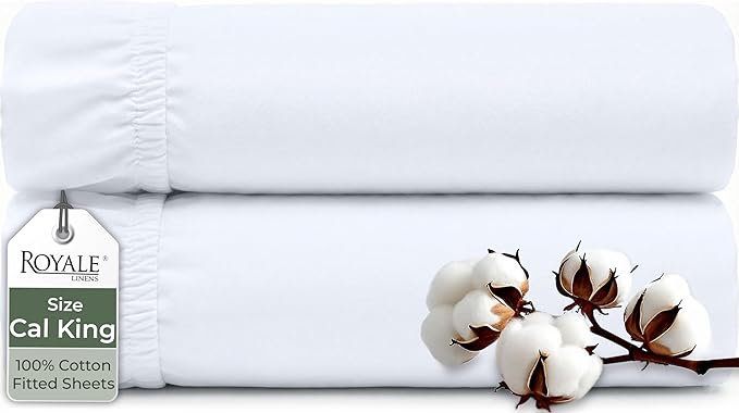 Royale Linens 100% Organic Cotton 2 Pack Fitted Sheet-Percale Weave-Super Soft Deep Pocket Bottom Sheets -White Elastic Sheet King Cal Size - California King Fitted Sheets Only - (72"x84"+15", White)